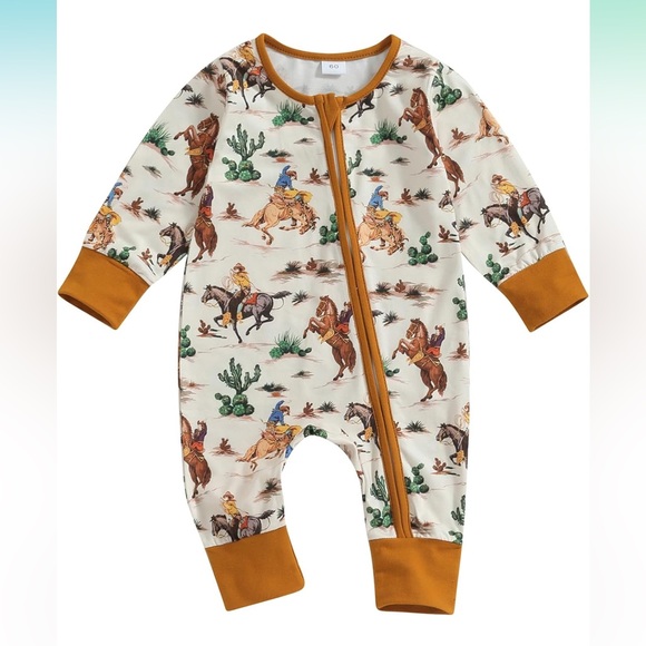 Western Cowboy Baby Zippered Jumpsuit One Piece - Picture 2 of 6